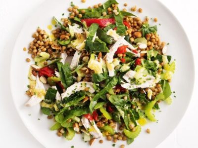 Lentil Shredded Spinach and Poached Chicken Salad