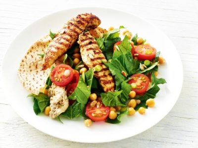 Sumac chicken with chickpeas, spinach and baba ghanoush